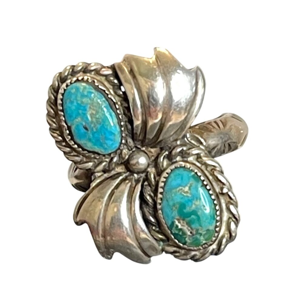 Sterling Silver Turquoise Native American Navajo Ring Size 6.75 Signed ES 8g VTG - Picture 2 of 15